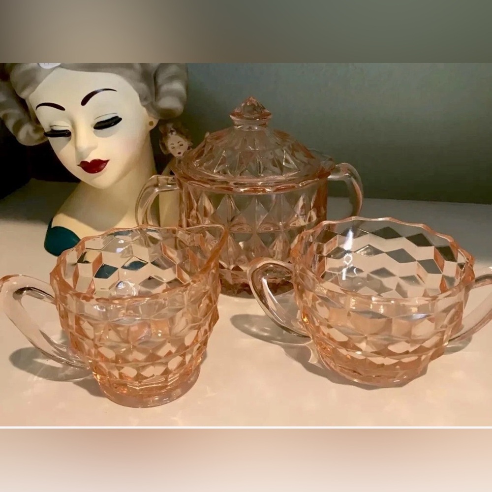 1930’s Jeanette Cubist Pattern Pink Depression Glass Cream /Sugar Bowl EXC BOOk